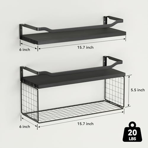 WOPITUES Floating Shelves with Wire Storage Basket, Bathroom Shelves Over Toilet with Protective Metal Guardrail, Wood Wall Shelves for Bathroom, Bedroom, Living Room, Toilet Paper-Black - color: Black