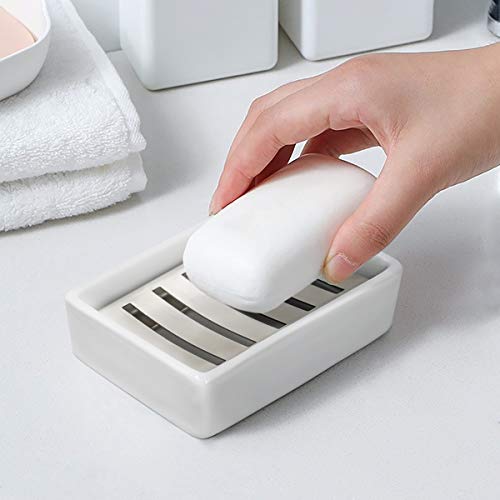 TOPSKY Ceramic Soap Dish Holder Stainless Steel for Bathroom, Double Layer, Self-draining Soap Tray, Say No to Mushy Soap, Easy Cleaning. (White)