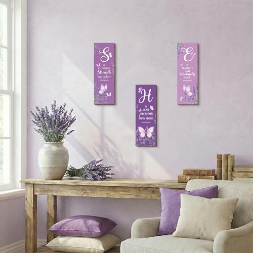 3Pcs Purple Christian Motivational Wooden Wall Decor for Women Purple Butterfly Wall Art Bible Verse Inspirational Home Decor Wooden Signs Religious Housewarming Gifts for Mom Bedroom & Office - style: Purple Christian