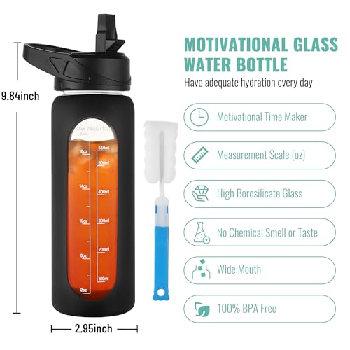 CIVAGO 24 oz Glass Water Bottle with Straw and Handle, Large Sports Motivational Water Bottle Flask with Time Marker and 2 Lids, Leakproof Jug Canteen with Silicone Sleeve for Gym, Black - color: Black, size: 24 Ounces