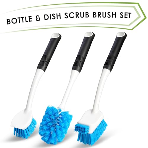 MOSOLAN Dish Brush Set of 3 with Water Bottle Brush, Dish Scrub Brush and Scrubber Brush, Long Handle Kitchen Scrub Brushes for Dishes, Bottles, Cups, Pots, Pans and Sinks, Round Head - style: Round Head