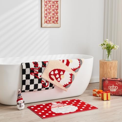Douceur Merry Christmas Checkered Bathroom Rugs, Cute Black and White Checkerboard Bath Mat Non Slip, Soft and Absorbent Washable Bath Rugs, 24"X16" - color: Christmas Checkered-black, size: 1'4" x 2' (Rectangular)