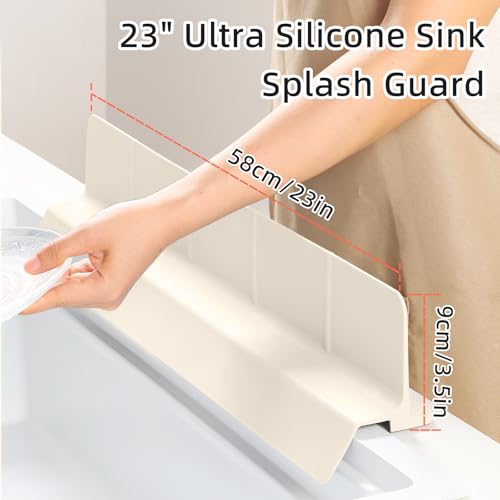 23" Ultra Silicone Sink Splash Guard Released in 2026,Self-Draining Water Splash Guard for Kitchen Sink,Bathroom and Island,with 3.5" High Splash Guard & 7 Strong Suction Cup (Beige) - color: Beige