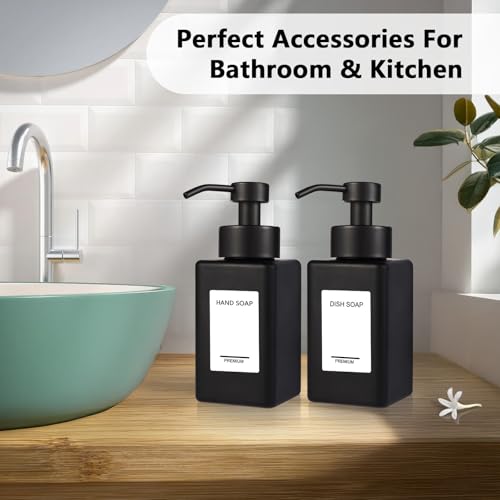 Black Foaming Hand Soap Dispenser 2 Pack,12oz/350ml Glass Foaming Soap Dispenser Set with Stainless Steel Pump, Square Refillable Foam Pump Bottles for Bathroom&Kitchen,Includes 6 Labels - color: Black