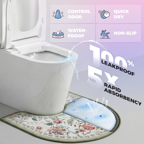 Washable Commode Potty Training Mats, Super Absorbent Reusable Toilet Training Rug for Kids, Leak-Proof & Non-Slip Adult Incontinence Toilet Mat, Bathroom Floor Protector Pads 4 Pack - color: Flowers