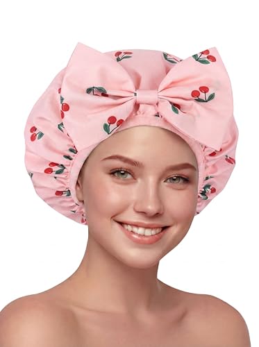 ramede Large Satin Lined Shower Cap for Women Reusable Waterproof Double Layer Bath Cap with Cherry Bow Large Washable Bath Caps with Soft Elastic Band Protect Long Hair Braids - style: Cherry Bow