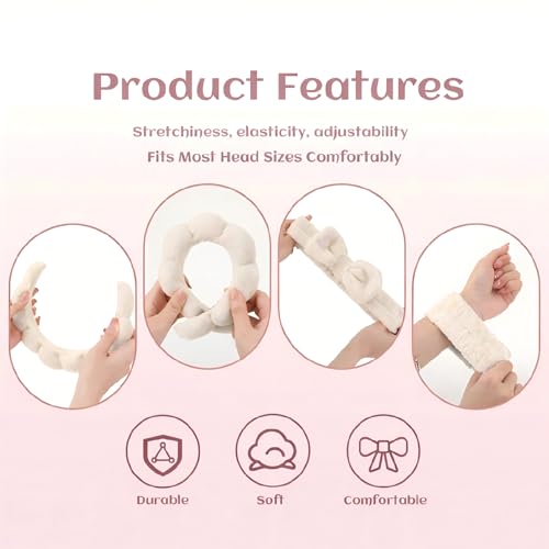 Face Washing Headband and Wristband Set, Khaki | Soft absorbent fabric, snug head-hugging fit for face washing, skincare, makeup, masks, travel, women and teen girls - color: Khaki