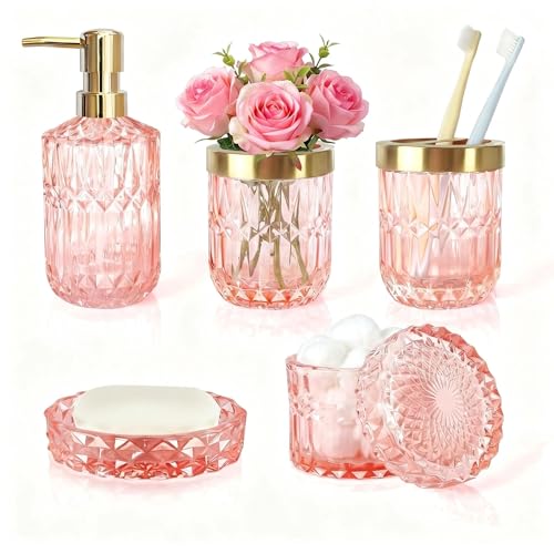 LaMarriti 5pcs Pink Bathroom Accessory Set, Clear Glass Bathroom Set, Soap Dispenser and Toothbrush Holder Set, Soap Dish, Tumbler, Qtips Holder for Crystal Modern Bathroom Decor, Set - style: Pink