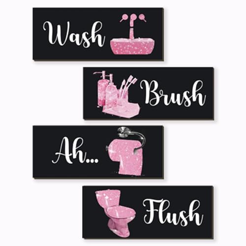 4 Pcs Pink Bathroom Decor Funny Pink And Black Bathroom Decor Wooden Accessories Modern Funny Glitter Set for Home Toilet Decoration(14x5.5 Inch) - color: Pink, size: 14 X 5.5 Inch