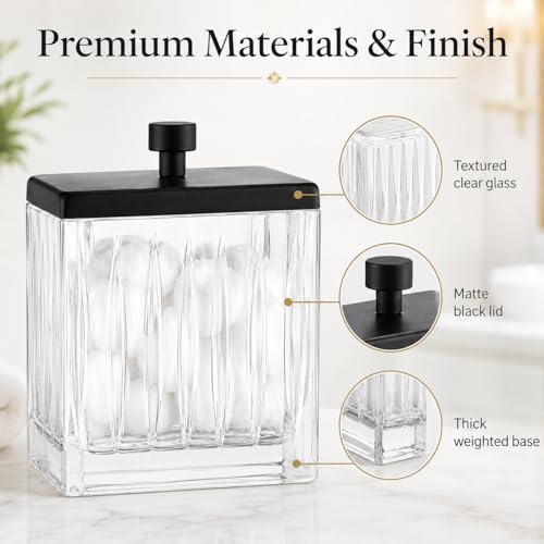 Vince Camuto Home Glass Cotton Jar Holder – Matte Black Lid, Elegant Bathroom Storage Canister for Qtips, Cotton Balls, Floss, Makeup Organizer, Vanity & Bathroom Organization - color: CLEAR GLASS MATTE BLACK LID