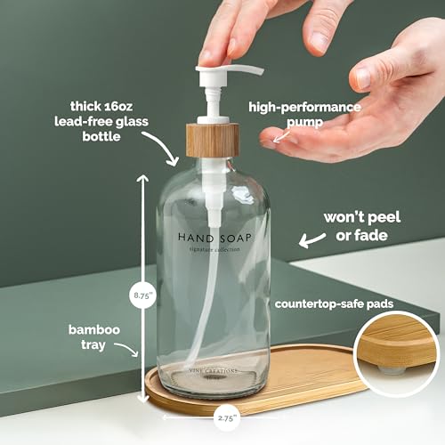 Vine Creations Clear Glass Soap Dispenser Set, Hand Soap and Dish Soap Dispenser Set with Bamboo Tray, 16 oz Glass Dispensers Bottle for Kitchen and Bathroom Decor Modern Boho with Bamboo Pump (Clear) - color: Clear