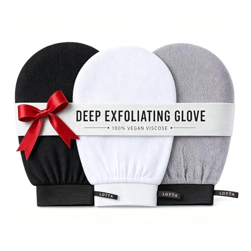 LOTTA Exfoliating Gloves for Dead Skin Removal & Skin Cell Renewal, Vegan Viscose Body Scrubber Mitt for Self-Tanning & Keratosis Pilaris, Kessa Korean Washcloth for Bath - color: White 120D+Black 150D+Grey 250D 3Pack