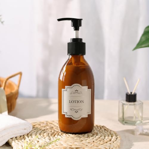 8 oz Amber Glass Soap Dispenser, 250ml Glass Pump Bottle for Body Lotion Massage Oil, Refillable Empty Hand and Dish Soap Dispensers Set with Labels - 3 Pack - color: Amber