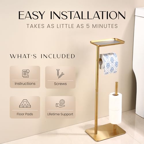 Day Moon™ - Toilet Paper Holder - Modern Roll Holder for Bathroom - 1 Pack - Free Standing - with Shelf, Gold - color: Gold