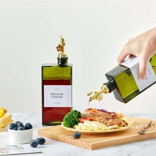 Olive Oil Dispenser Bottle for Kitchen, 16.9oz /500ml Cooking Vinegar Dispenser Bottle Set, Glass Sauce Container, Labels, Brush, Funnel, Stoppers, Green for Oil, Wine - color: Golden, 4 Pack