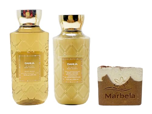 Bath & Body Works Dahlia - Duo Gift Set - Body Wash and Body Lotion With a Yamma Jamma Bar Soap., golden