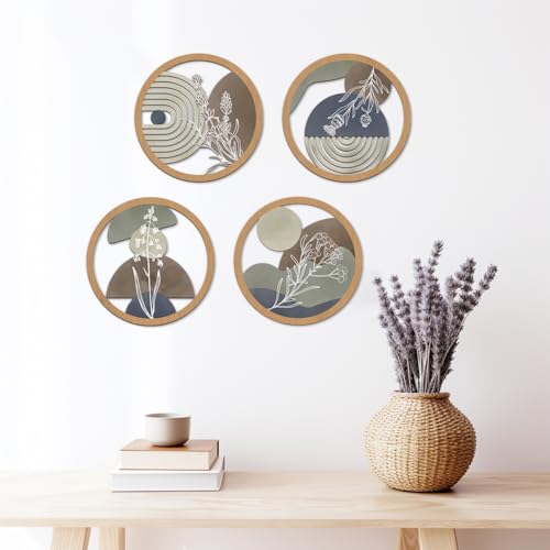TOARTi 4Pieces Boho Botanical Wooden Wall Art,Farmhouse Geometric Round Wall Decor,Vintage Bohemian Plants Hanging Art,Morden Minimalist Aesthetic Artwork for Bedroom Living Room - color: 4pcs Geometric Botanical Wooden Wall Art