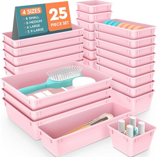 SpaceHacks 25 PCS Plastic Drawer Organizer Set, 4-Size Versatile Organizer Trays & storage Bins for Makeup, Jewelry, and Gadgets in Bathroom, Bedroom and Office, Pink - color: Pink