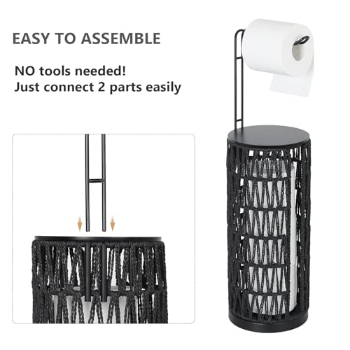 Black Freestanding Toilet Paper Holder with Storage,3 Rolls of Tissue Holder for Bathroom,Handmade Woven Toilet Paper Roll Holder Stand,Rattan Sturdy Boho Bathroom - color: Black