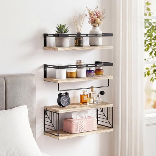 Fixwal Bathroom Shelves Over Toilet, Floating Shelves Wall Mounted with Metal Frame and Towel Bar for Bathroom, Kitchen, Bedroom, Living Room (3 Plus 1 Rustic Brown) - color: 1-rustic Brown