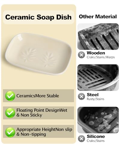 Ceramic Soap Dish for Bathroom and Kitchen, Non-Slip Bar Soap Holder with Fast Drain Design, Soap Saver Tray for Sink,Yellow