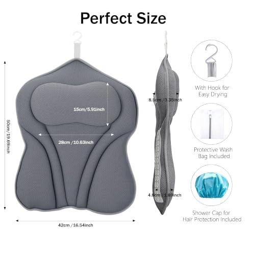 Bath Pillow PYRRHIC - Bathtub Pillow 5D Mesh with Neck & Back Support Non-Slip Suction Cups Fast Drying Soft Spa Pillow Relaxing Bath Accessories with Hook Laundry Bag Grey