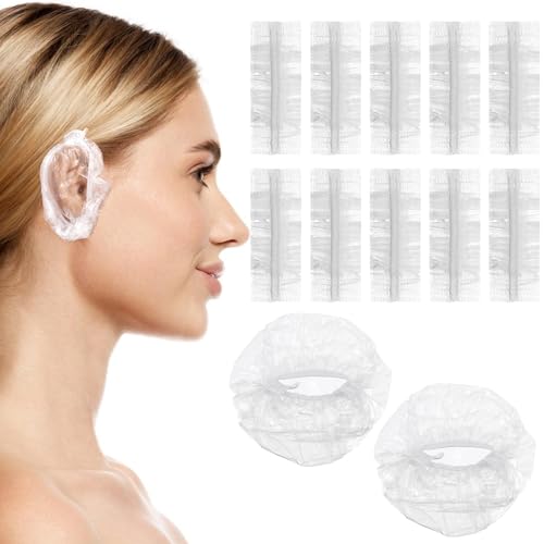 100 Pcs Disposable Ear Covers for Shower, Clear Waterproof Ear Covers for Bathing, Waterproof Plastic Ears Shower Caps for Hair Dye Spa Salon Beauty Treatments