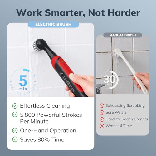 LifeBasis Rechargeable Power Scrubber 11-Piece Kit, Cordless Electric Cleaning Brush, IPX7 Waterproof Electric Grout Brush for Home, Kitchen, Bathroom, Grout, Tile, Shower, Tub, Red