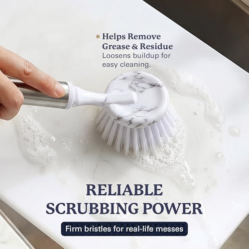 Farberware Dish Brush with Handle, 2 Pack, Firm Bristles | Kitchen scrub brush and dish scrubber removes grease, reaches pot and pan edges, 8in, round head, marble-look design - color: White Marble Round