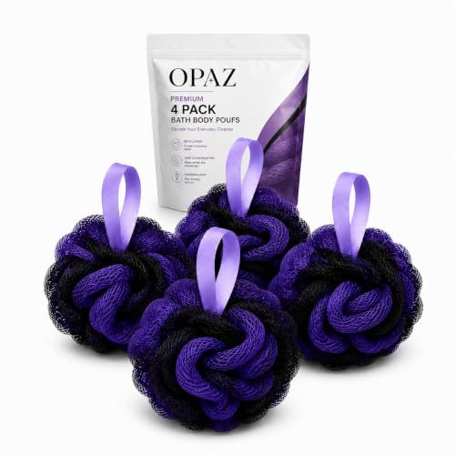 OPAZ Shower Loofah Sponge 4 Pack, Exfoliating Bath Sponges for Women & Men, Soft Body Scrubber Pouf for Rich Lather, Deep Cleansing Shower Puff with Hanging Loop, Purple Loofahs for Body Wash