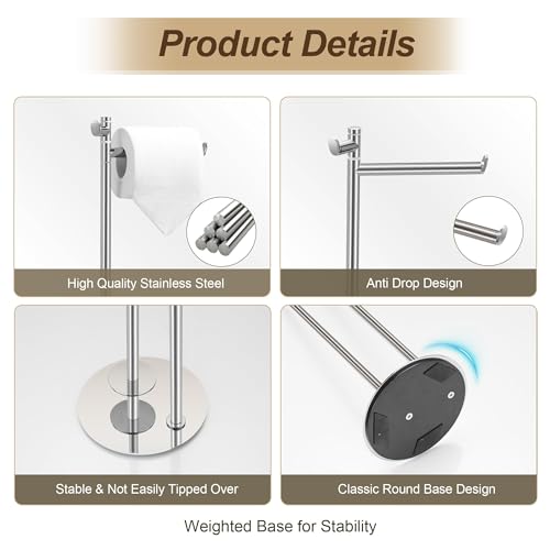 BVL Toilet Paper Holder Stand with Hook, Brushed Nickel Stainless Steel 304 Weighted Toilet Paper Holder Stand, Bathroom Freestanding Toilet Paper Holder Holds 5 Rolls - color: Brushed Nickel