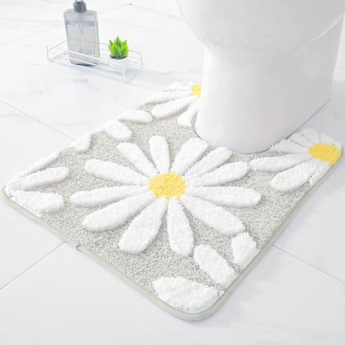 QJHOMO Toilet Rugs U Shaped, Gray Toilet Mat Cute Daisy Contour Bath Rug 20"x24", Extra Thick Soft Machine Washable Toilet Carpet, Non Slip Bathroom Floor Mats Super Absorbent Microfiber Bath Rugs - color: Grey, size: 1'8" x 2' (U-Shape)
