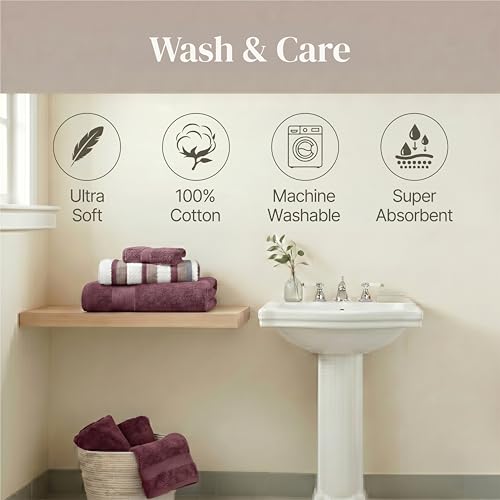 Modern Threads Pax 6-Piece Reversible Yarn Dyed Jacquard Towel Set - Bath Towels, Hand Towels, & Washcloths - Super Absorbent & Quick Dry - 100% Combed Cotton, Rosewood - color: Rose, style: Wide Stripe