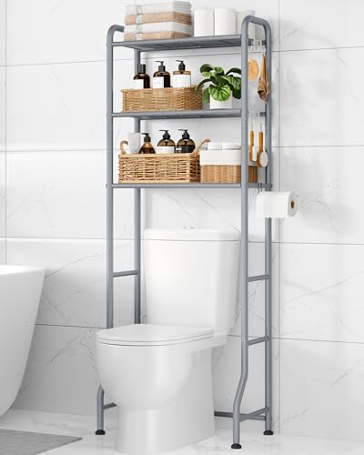 Kitsure Over Toilet Storage Rack, 63.2" H Space-Saving, Holder & Hooks | Bathroom, Laundry Room, Small Spaces, Families, Durable Metal, Grey, 3 Tier - color: Grey, size: 3 Tiers (63.2"H)