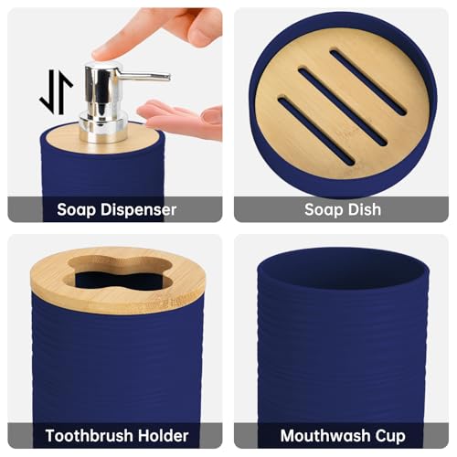 4 Pieces Bamboo Bathroom Accessories Set, Bathroom Accessory Set with Soap Dispenser and Toothbrush Holder, Soap Dish and Toothbrush Cup, Boho Bathroom Décor(Navy Blue) - color: Navyblue