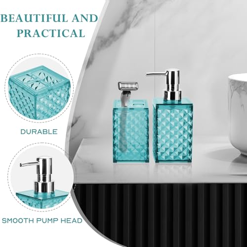 Bathroom Accessories Set 2 PCS, Teal Blue Bathroom Accessories Include Soap Dispenser and Toothbrush Holder, Diamond Pattern Bathroom Set for Boho Bathroom Decor - color: Teal Blue