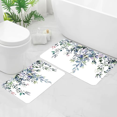 Gibelle Eucalyptus Leaves Bath Mat Rug Set 2 Piece, Super Absorbent Quick Dry Bathroom Rug Set, Non Slip Rubber Backed Bathroom Floor Mat for Tub Shower Sink (17"x24"+20"x32", Green) - color: A002, size: 17" x 24" + 20" x 32"