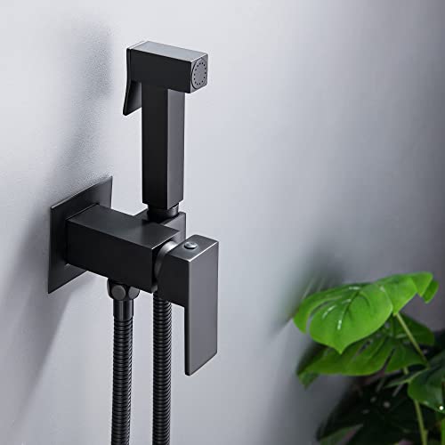 SHAMANDA Warm Water Bidet Sprayer for Toilet with Hot and Cold Brass Rough-in Valve, Stainless Steel Handheld Bidet Attachment Set for Feminine, Pets and Baby Diaper Wash, Matte Black, BDS08-7 - color: Matte Black, style: Hot & Cold Water Modes-Square