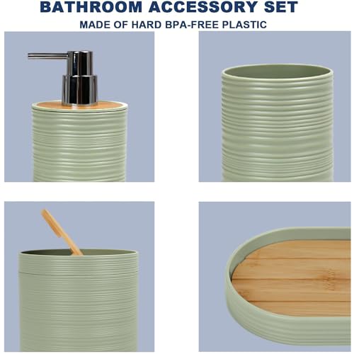CERBIOR Bathroom Accessories Set 6 Piece Bamboo Bath Ensemble Includes Soap Dispenser, Toothbrush Holder, Toothbrush Cup, Soap Dish for Decorative Countertop and Housewarming Gift, Sriral Green - style: Green