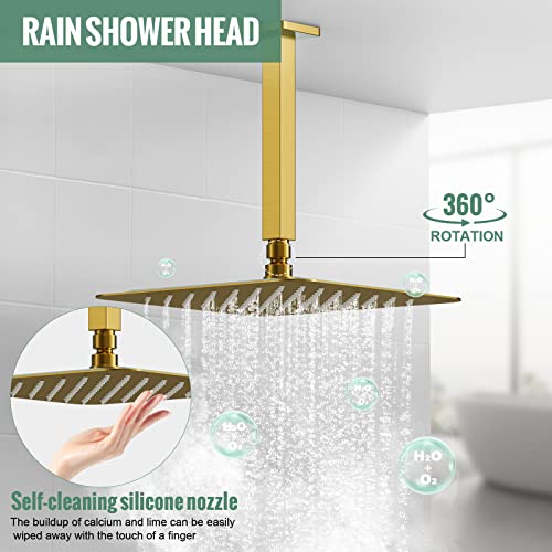SunCleanse Rainfall Shower System Brushed Gold Ceiling Mounted Shower System Combo Set with High Pressure 12 Inches Square Rain Shower Head Handheld and Shower Faucet Rough-in Mixer Valve and Trim - color: Brushed Gold, style: 12-ceiling