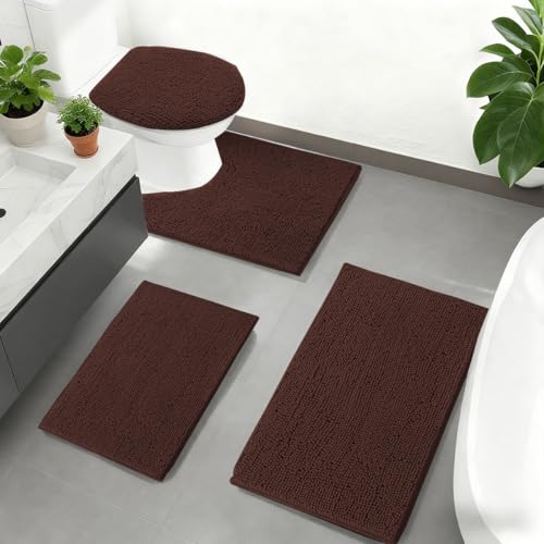 RUN HELIX Chenille Bath Rug Set 4 Piece with Toilet Lid Cover and Rug Set Combo, Soft Shaggy Bath Rug Set 3 Piece and U-Shaped Toilet Floor Rug Coffee - color: Brown, size: 1'8" x 2'8" (Square + oval + U-shape)