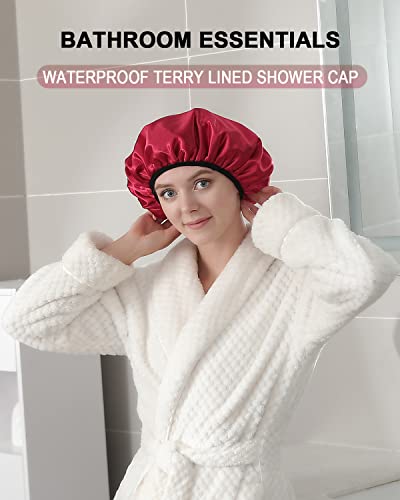 YIZIJIZI Triple Layer Reusable Waterproof Shower Cap for Women Large Terry Lined Hair Cap for Long Thick Hair Travel Bath Care Red - color: Red