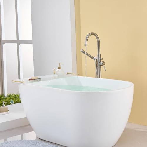 Wowkk Free Standing Tub Faucet Brushed Nickel Freestanding Bathtub Faucet Floor Mount Brass Bathroom Tub Filler with Hand Shower - color: Brushed Nickel, style: Modern