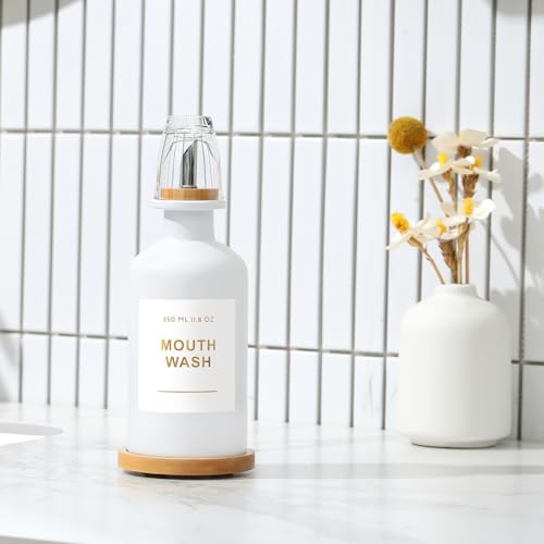 11.8OZ Mouthwash Dispenser for Bathroom with Bamboo & Stainless Steel Pour Spout, Mouthwash Cup Reusable, Bamboo Tray, and Elegant Gold Label. （White - color: White/350*1
