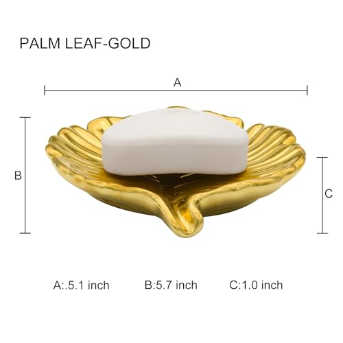 Gold Leaf Bathroom Soap Dish,Ceramic Soap Dish Holder in Palm Leaf Style,Self Draining Design and Used to Hold Various Small Bathroom and Kitchen Accessories - color: Gold