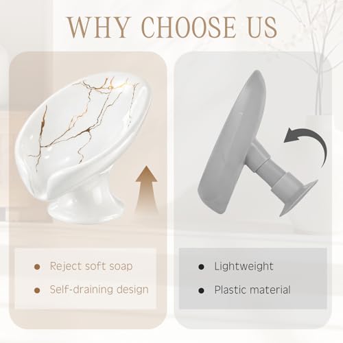 2 Pack Soap Dishes for Bar Soap Holder Ceramic Decorative Self Draining Leaf Shape Design for Sink Modern Bathroom Shower Kitchen, Marble Pattern(White Gold)