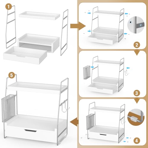 2-Tier Bathroom Counter Organizer with Drawer and Removable Basket, Wood Vanity Countertop Storage for Perfume, Makeup, Skincare, Bathroom Counter Shelf, 13" x 7.9" x 14.5", Silver - color: Silver