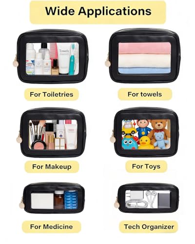 3-Piece Travel Clear Makeup Bag Set, Small Large Clear Cosemetic Bag with Makeup Brush Bag Waterproof Makeup Pouch with Zipper Toiletry Bags For Traveling Car Accessories for Women (Black Set) - color: Black Set