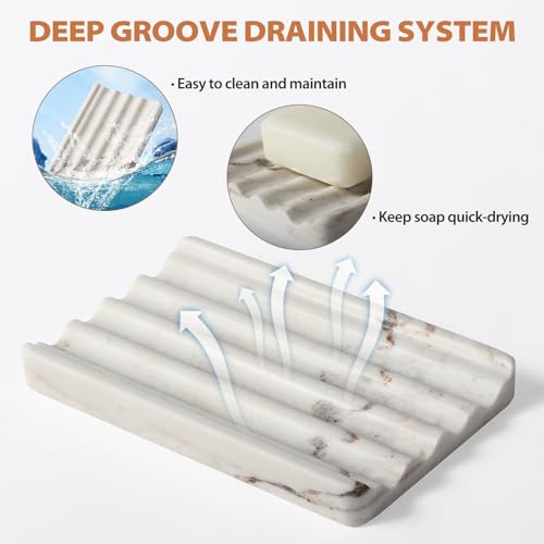 2PCS Koville Italian Natural Marble Soap Dish for Shower, Multi-Color Stone Soap Tray for Bathroom, Bar Soap Holder for Sink, Stripe Grooves Soap Saver Sponge Holder (White/Brown Random) - color: Palissandro Classico