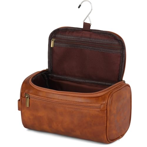 OXYEFEI Personalized Toiletry Bag for Men,Personalized Gifts for Men,Engraved Initial PU Leather Mens Toiletry Travel Shaving Travel Essentials Toiletries Bag for Him Birthday (S, Light Brown) - color: Light Brown, style: S